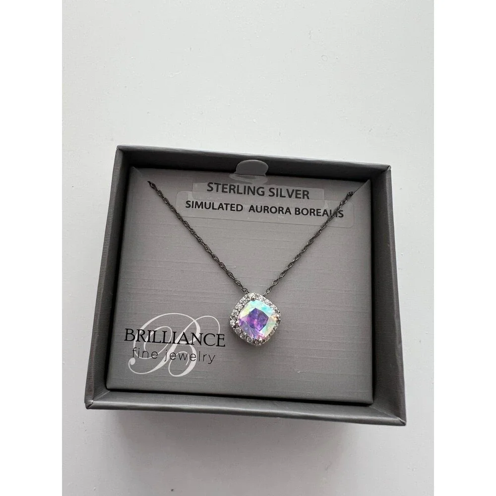 Sterling Silver necklace simulated Aurora Borealis crystal halo pendant New
